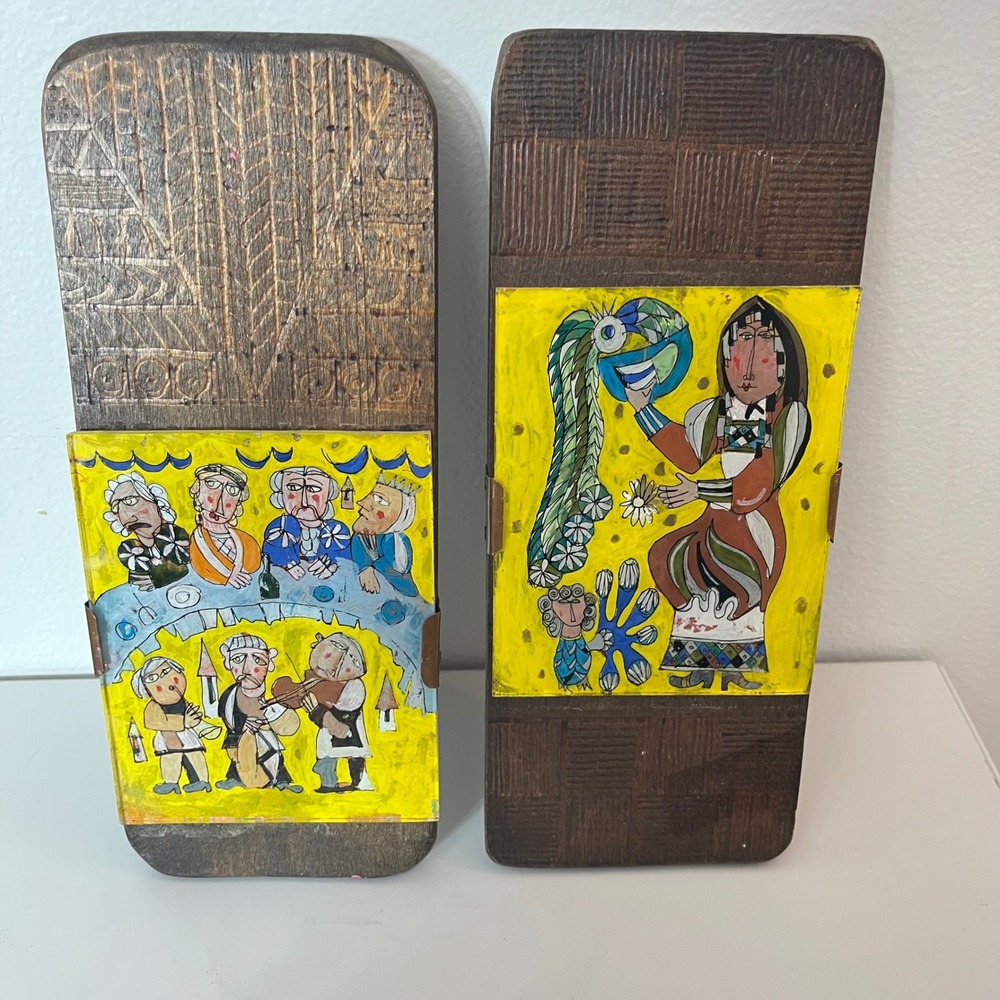 RARE Vintage Reverse Glass Folk Art Painting On Butter‎ Boards Set of 2